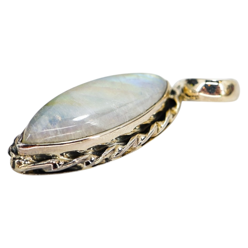 Vintage Rainbow Moonstone Pendant – Sterling Silver SJ925, Marquise Cabochon