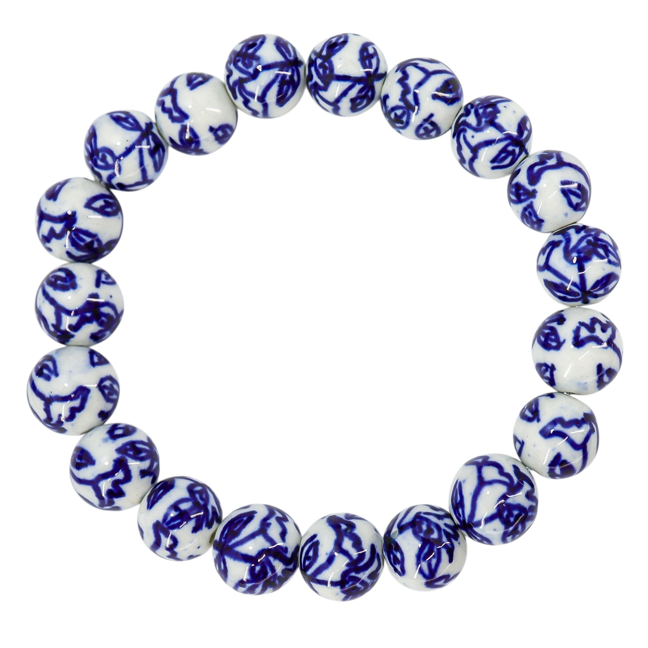 Cottagecore Floral White Blue Hand Painted Porcelain Bead Bracelet