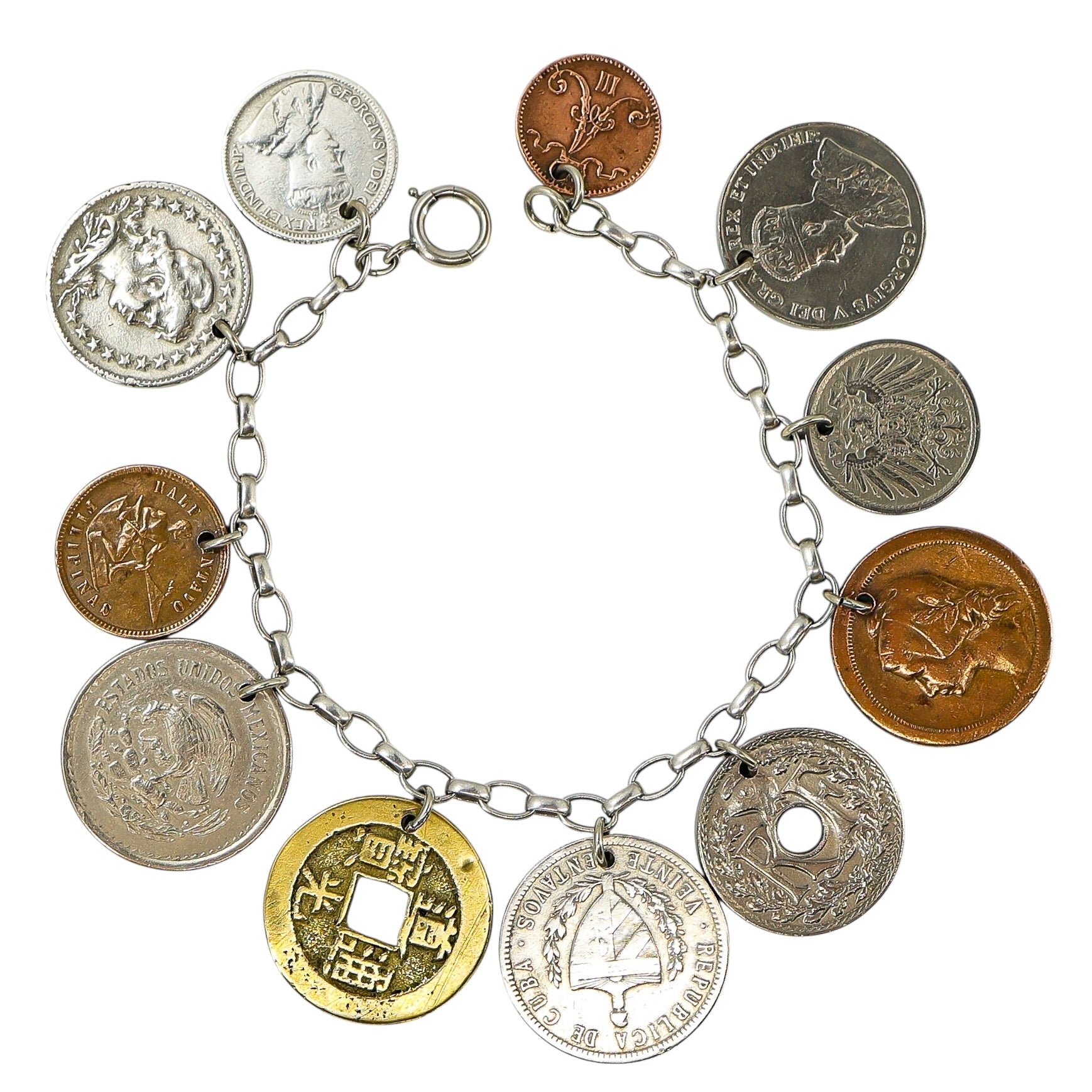 Vintage Coin Charm World Travel Bracelet Assembled Ca 1930-40s