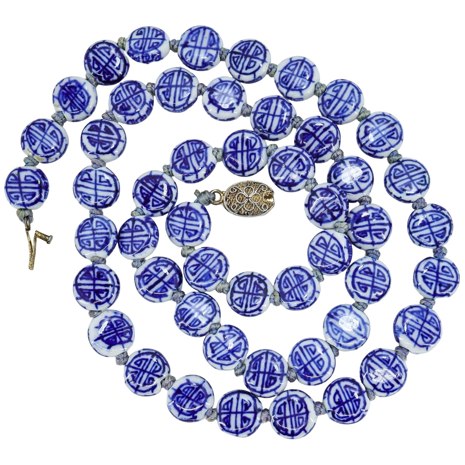 Vintage Coin Shape Bead Necklace Chinese White Blue Porcelain Longevity Shou Sign Motif 25”