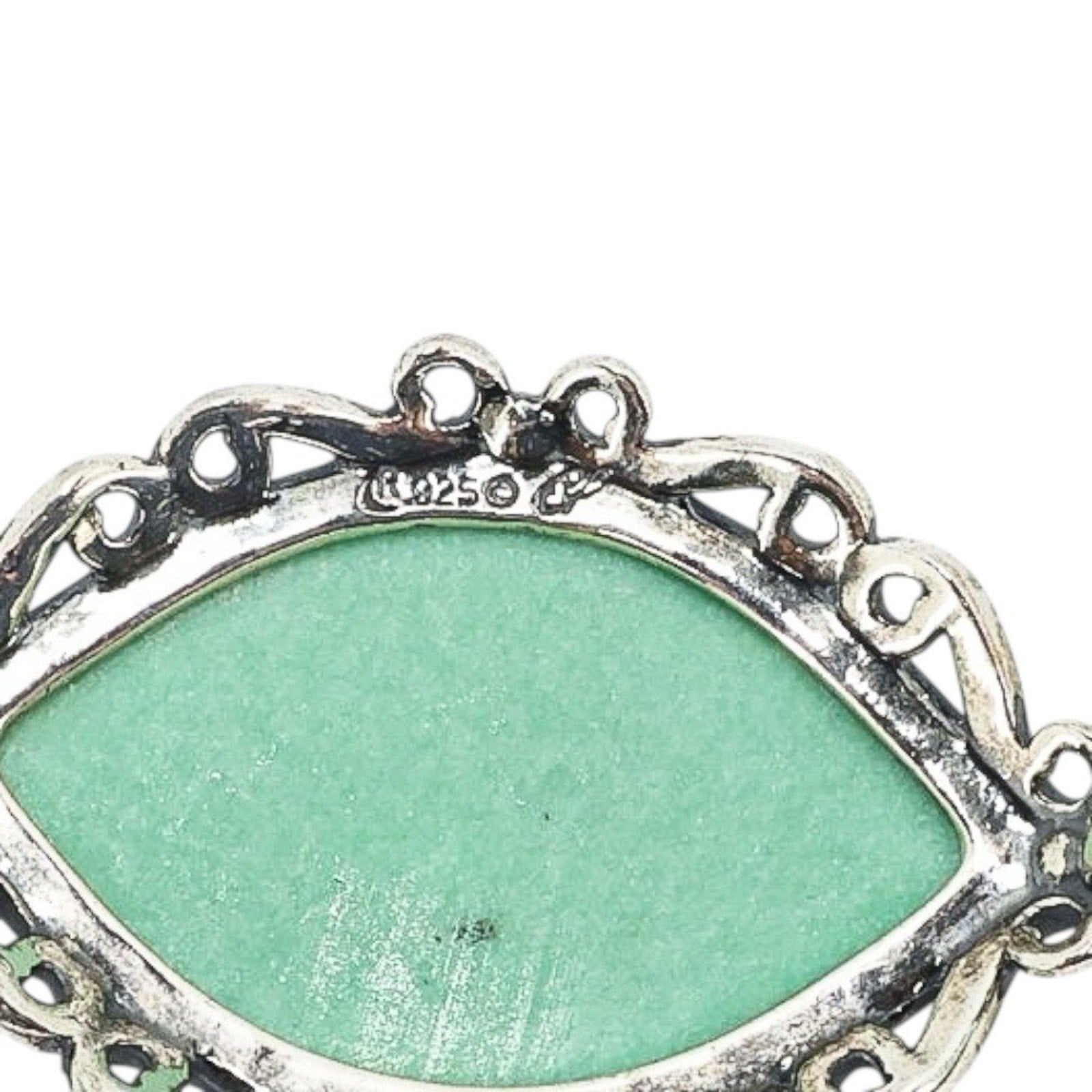 Vintage Carolyn Pollack Sterling Silver Green Stone Pendant Marquise Cabochon 2”