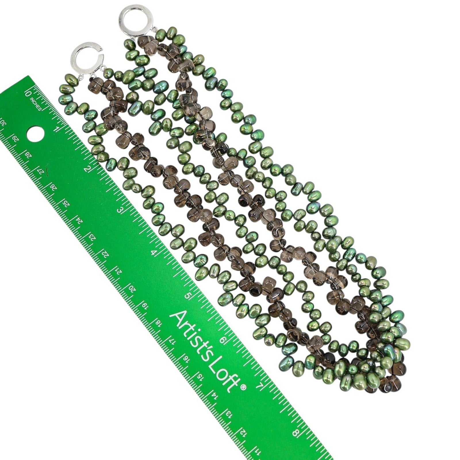 Green Freshwater Pearl & Smoky Quartz Bead Torsade Necklace 3 Strand 925