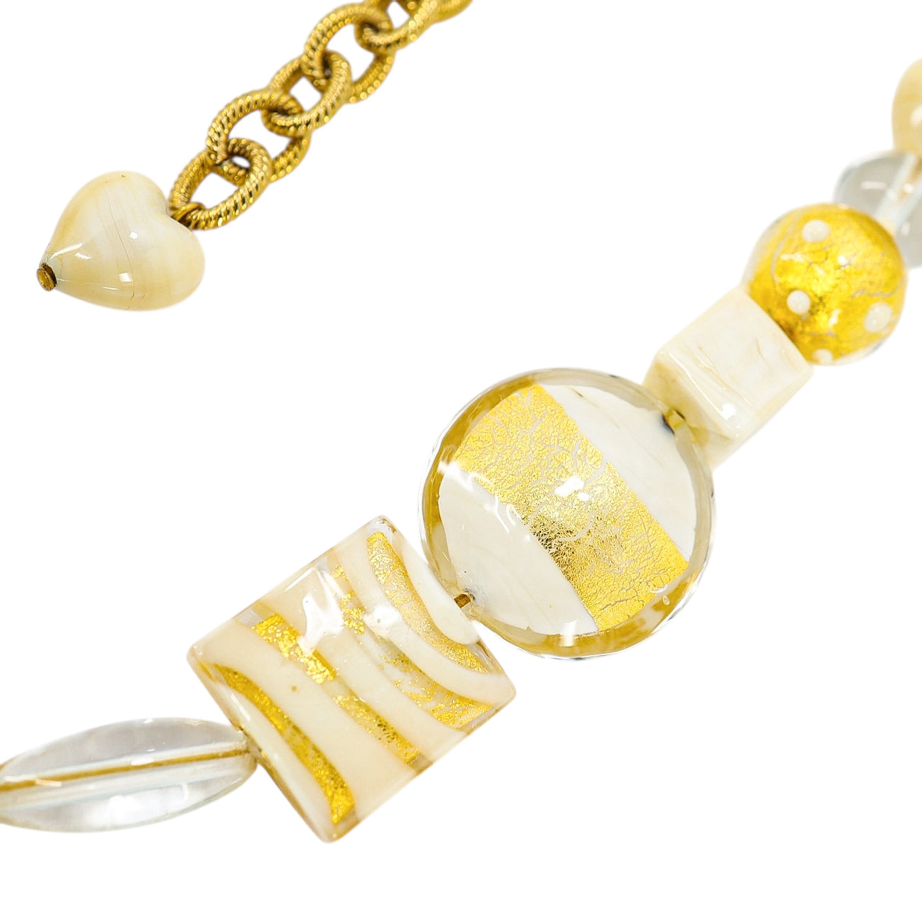 OroVetro - Signed Murano Necklace & Bracelet Set - Cream And Gold Foil Beads