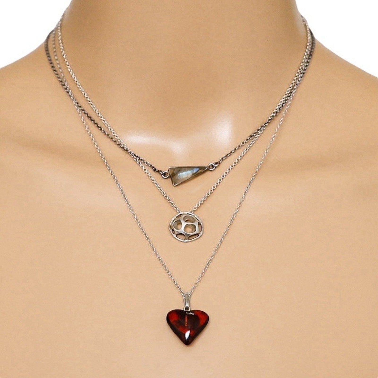 Lot Of 3 Stackable Sterling Silver Layered Necklace Set Labradorite Amber Boho