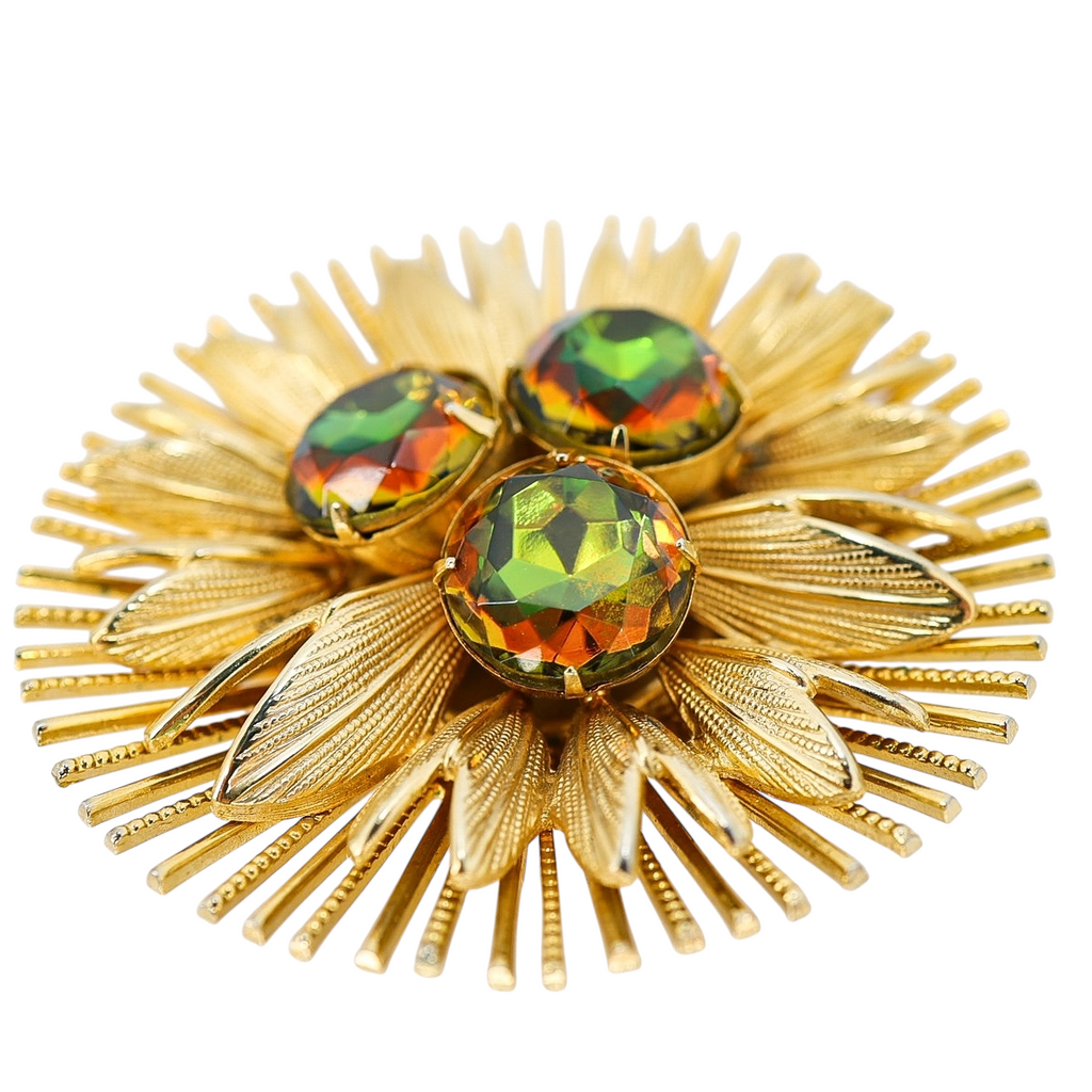 Large Vintage Watermelon Glass Rhinestone Brooch - Starburst Design