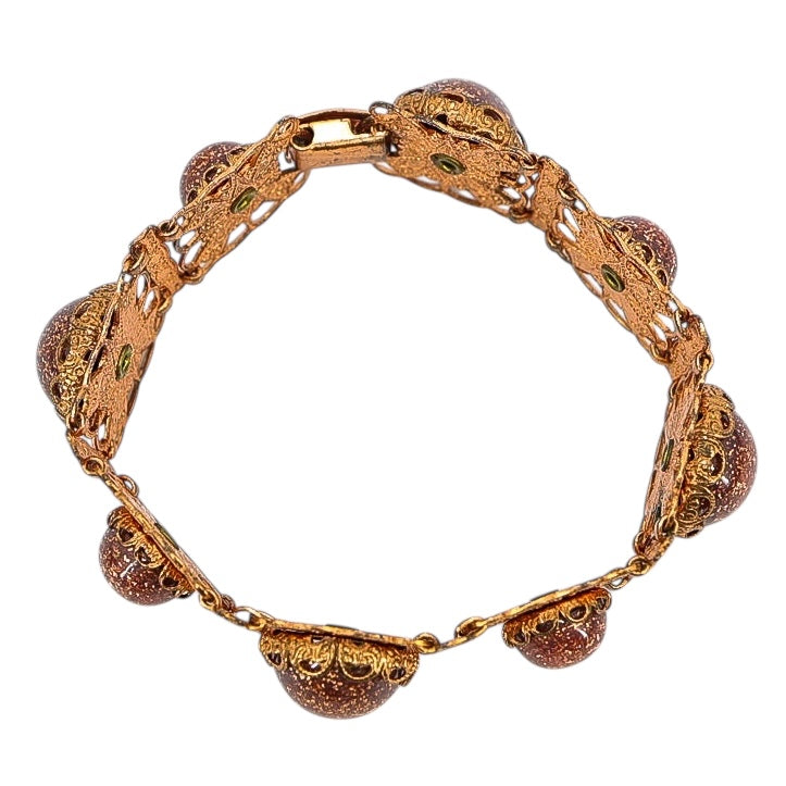 Vintage Copper Filigree Bracelet with Goldstone Art Glass Cabochons