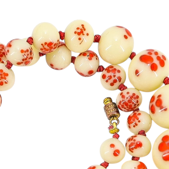 Vintage 1930s Venetian Custard Uranium Glass Necklace – Red Frit Beads, UV Reactive