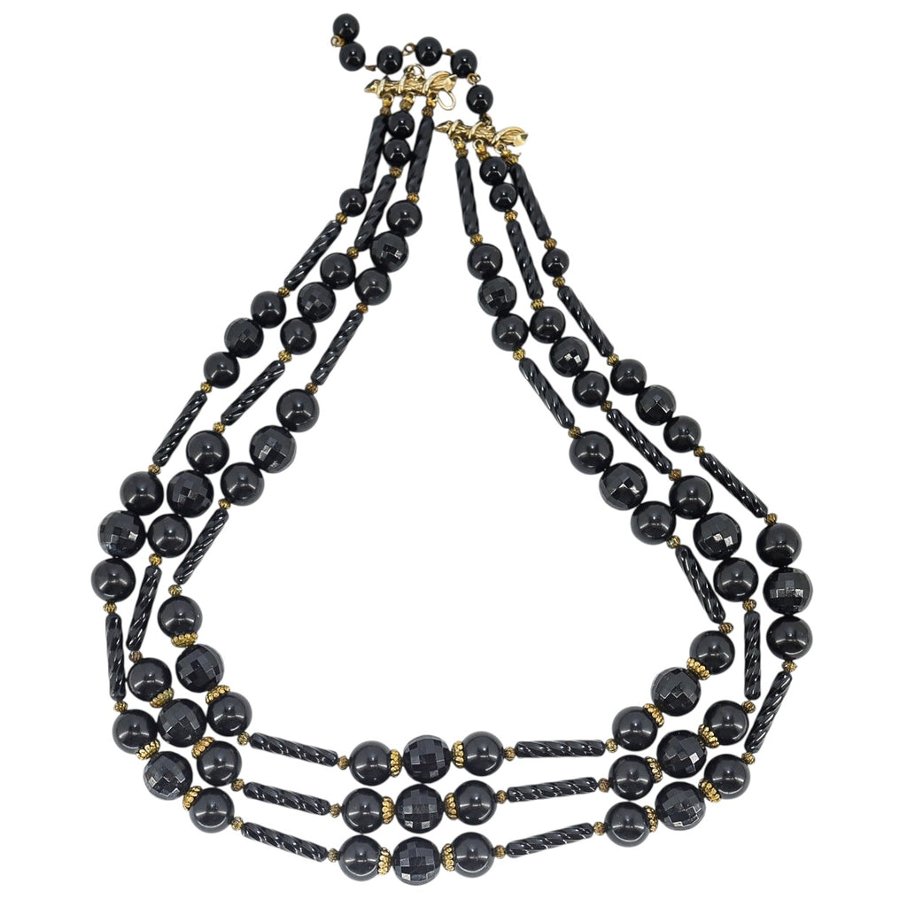 Vintage MCM Cellulose Acetate Ornate Black Beaded 3 Strand Necklace