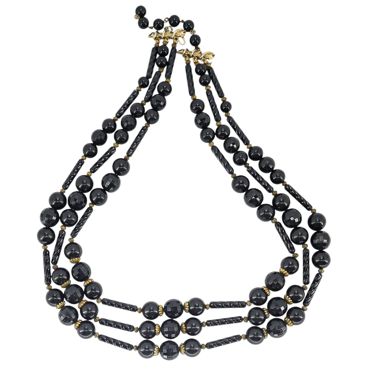 Vintage MCM Cellulose Acetate Ornate Black Beaded 3 Strand Necklace
