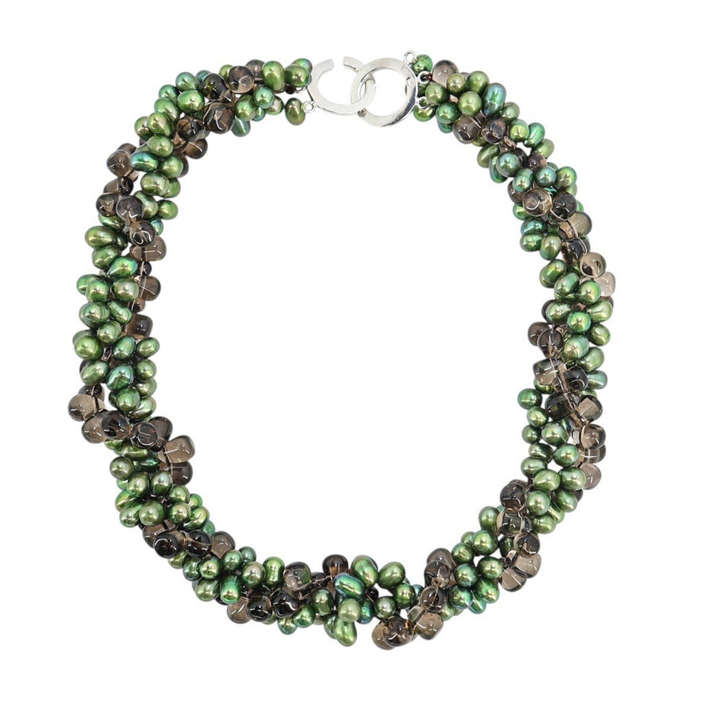 Green Freshwater Pearl & Smoky Quartz Bead Torsade Necklace 3 Strand 925