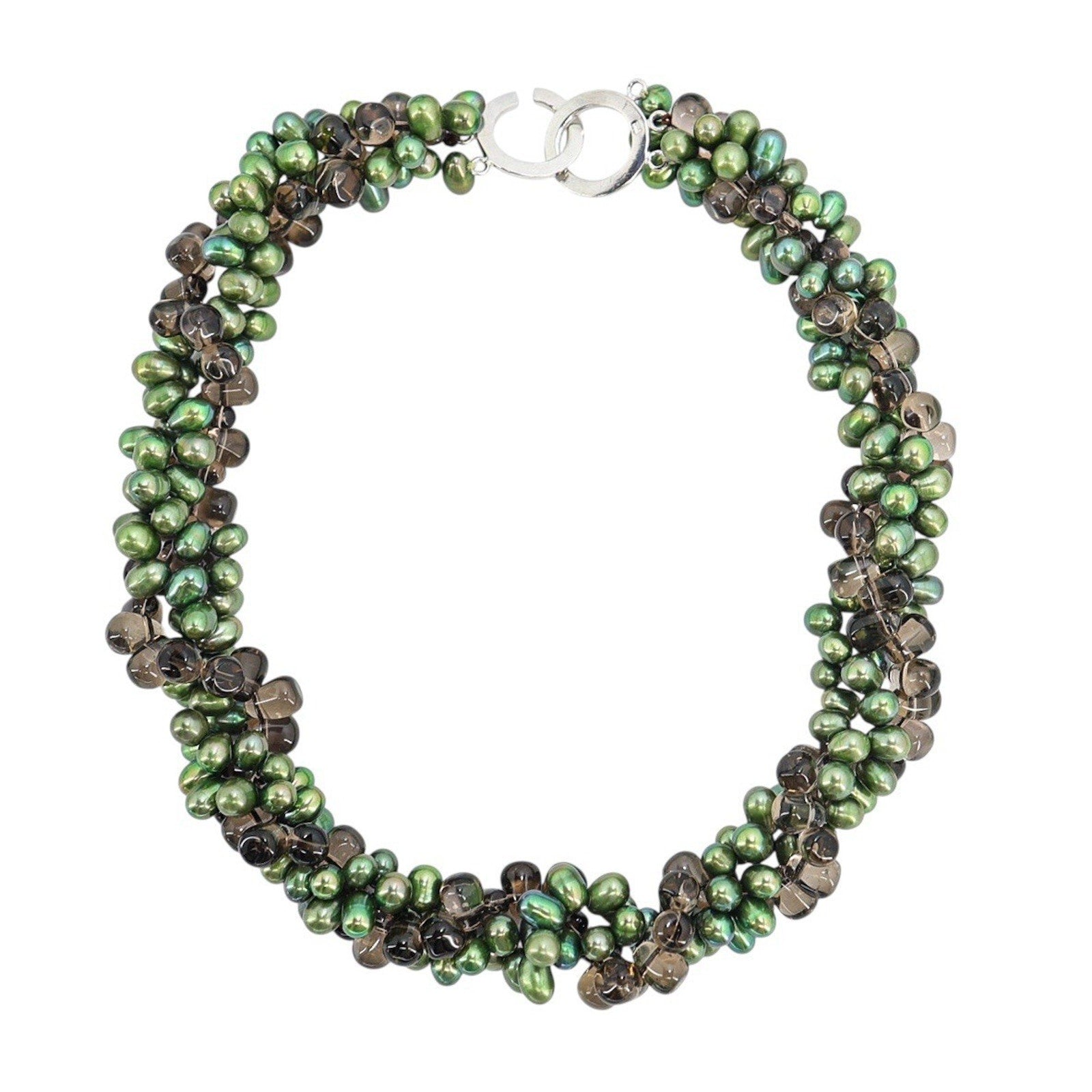 Green Freshwater Pearl & Smoky Quartz Bead Torsade Necklace 3 Strand 925