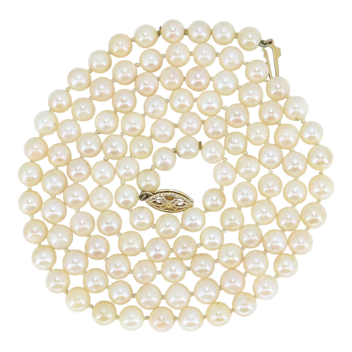 Vintage Long Cultured Pearl Necklace 30” 5.8mm Cream Gold Pearls 14K Gold Clasp
