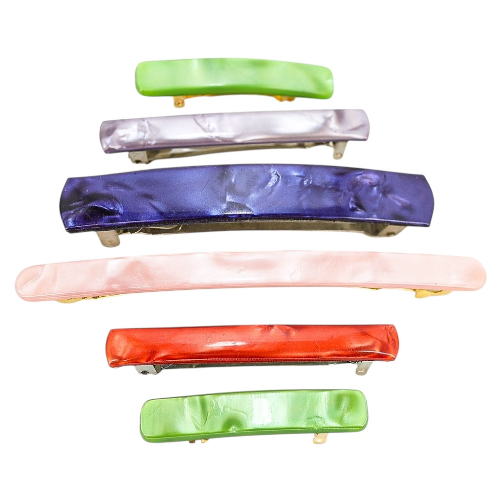 Lot of 6 Vintage Pearlescent Acetate Bar Clips Barrettes Playful Colors Made In France
