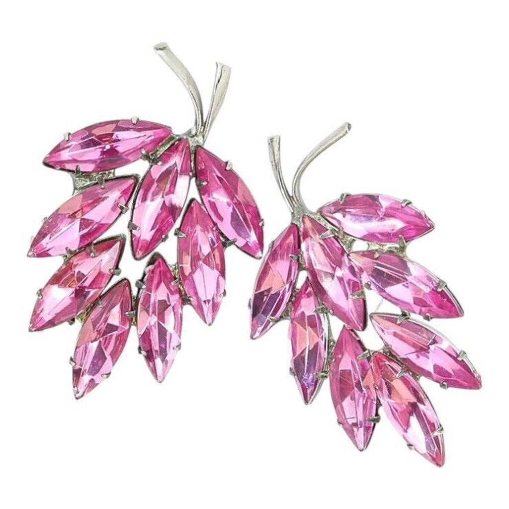 Vintage 50s Bold ~2" Statement Pink Selenium Glass UV Glow Rhinestone Earrings