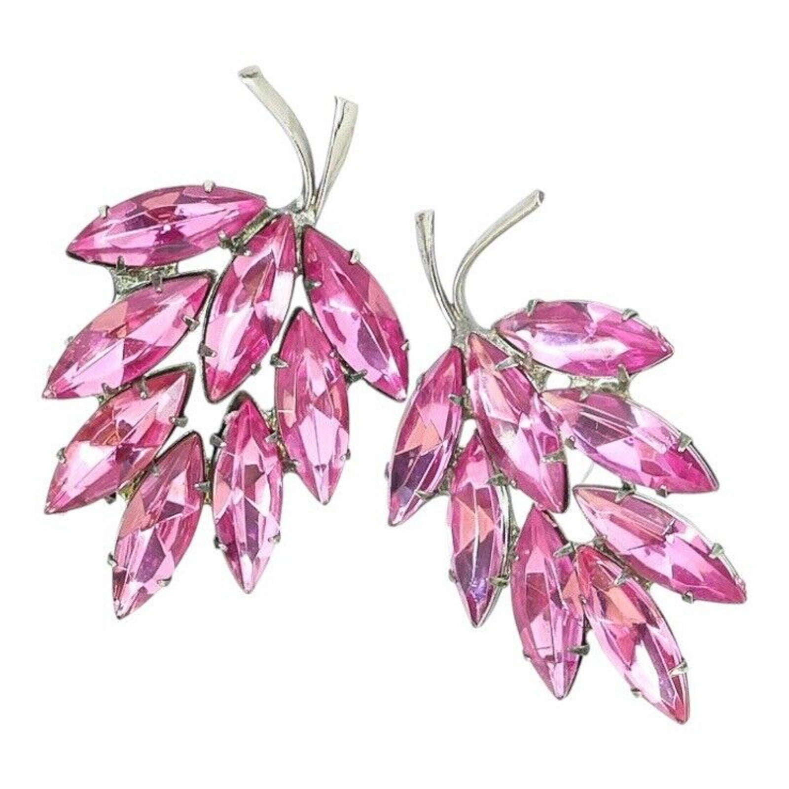 Vintage 50s Bold ~2" Statement Pink Selenium Glass UV Glow Rhinestone Earrings