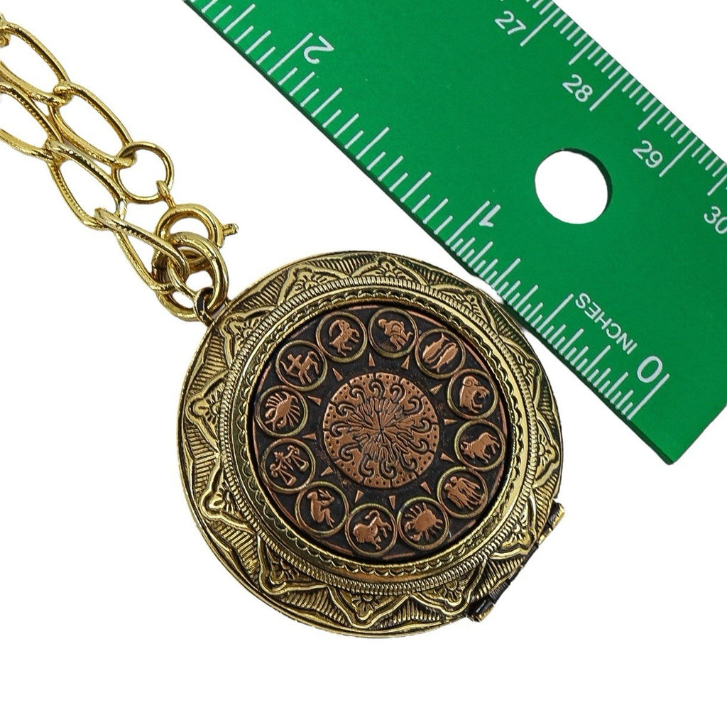 Vintage MCM Zodiac Astrology Pendant Locket Necklace 12 Signs Copper & Goldtone
