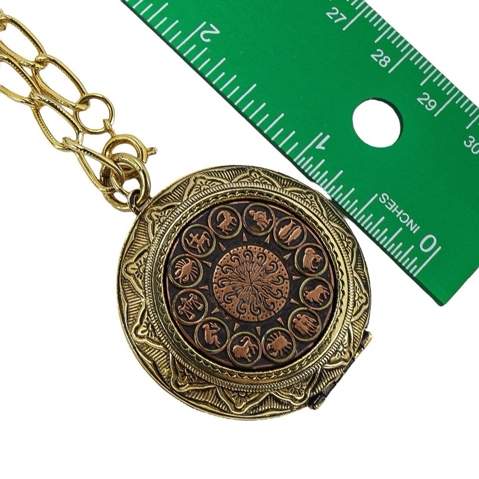 Vintage MCM Zodiac Astrology Pendant Locket Necklace 12 Signs Copper & Goldtone