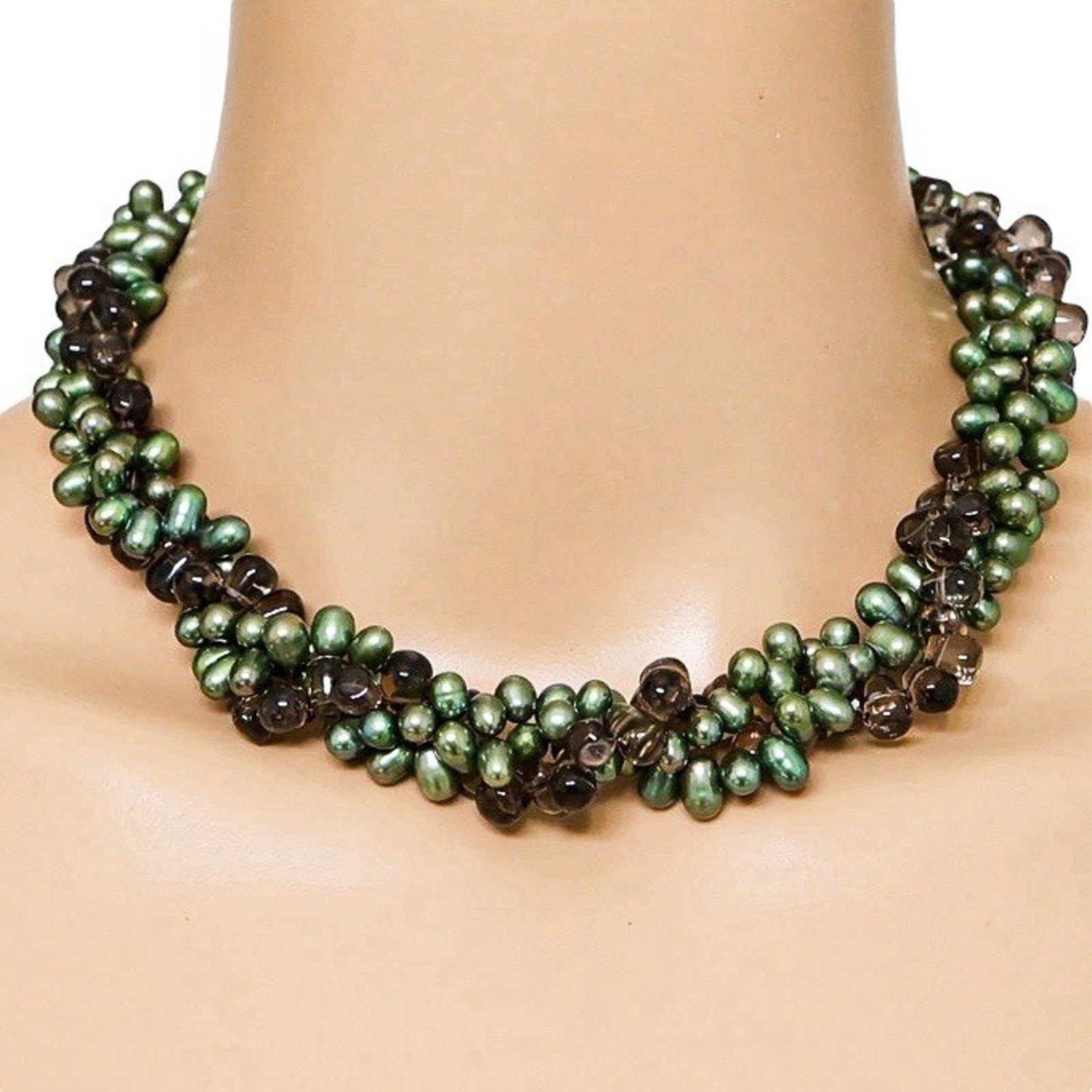 Green Freshwater Pearl & Smoky Quartz Bead Torsade Necklace 3 Strand 925