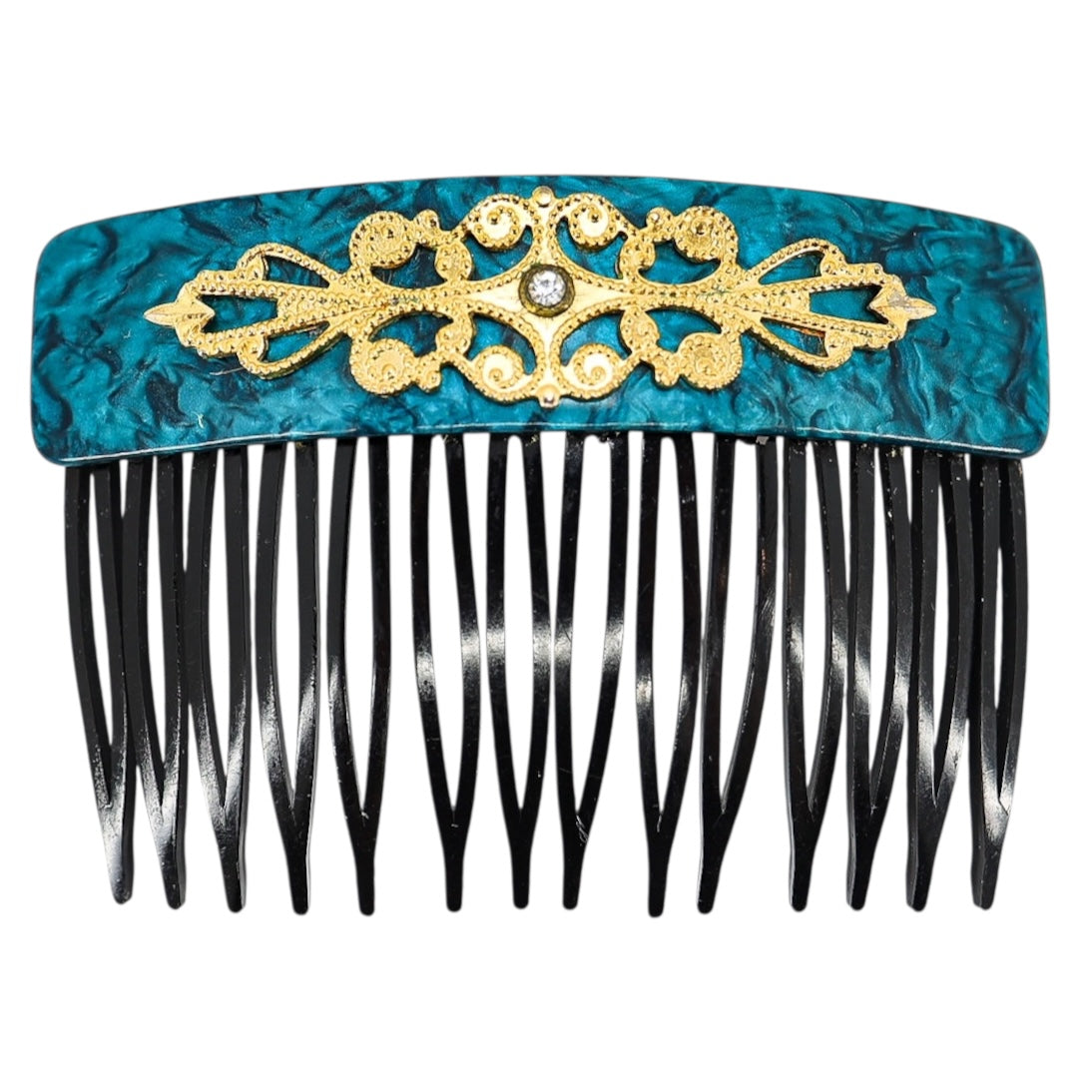 Vintage 30s–50s French Hair Comb Teal Marbled Acetate Applied Filigree