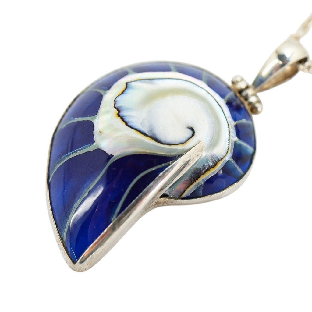 Sterling Silver Nautilus Pendant Necklace – Blue Resin Inlay & Mother of Pearl