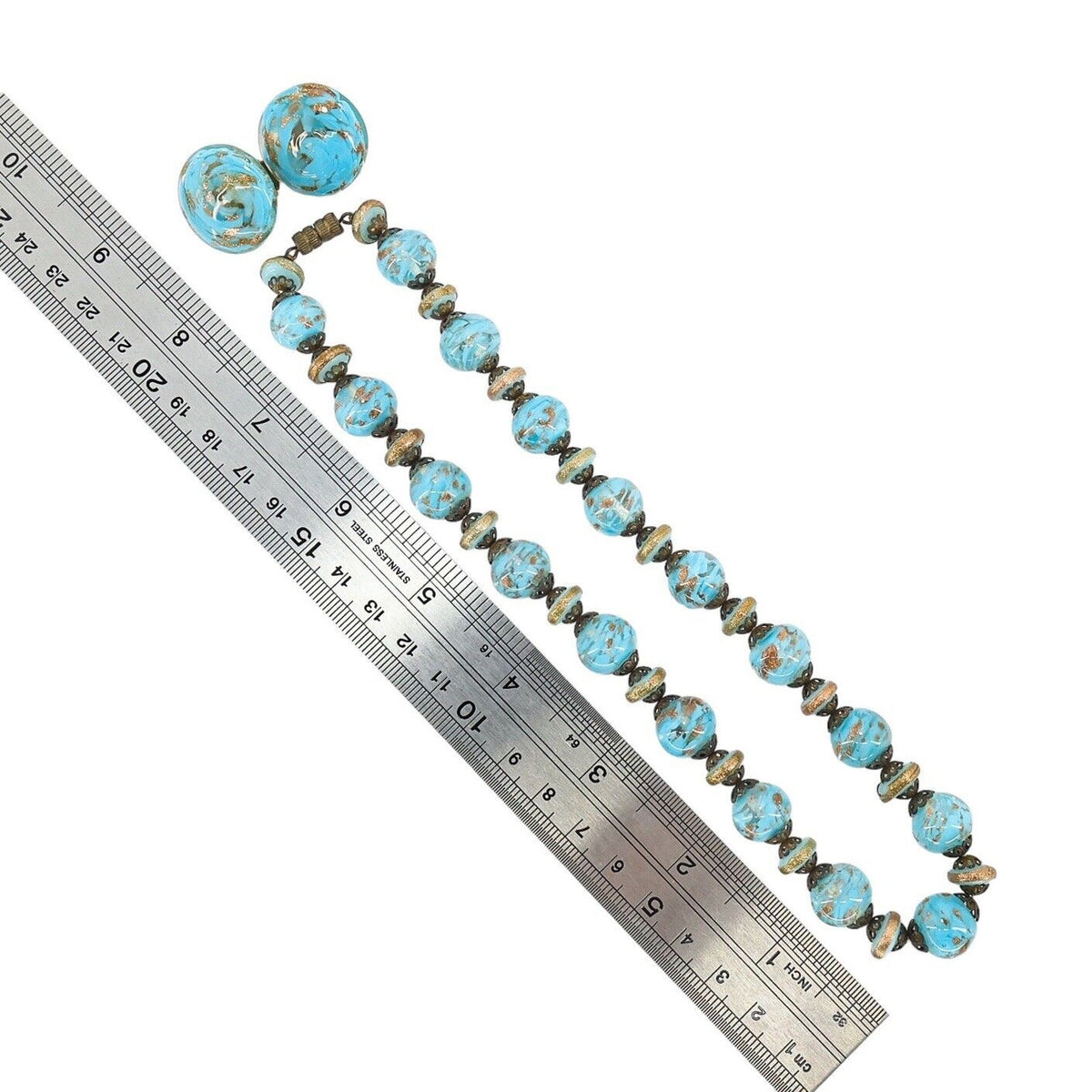 Vintage Murano Glass Jewelry Set Blue Aventurine Sommerso Beads Signed Italy