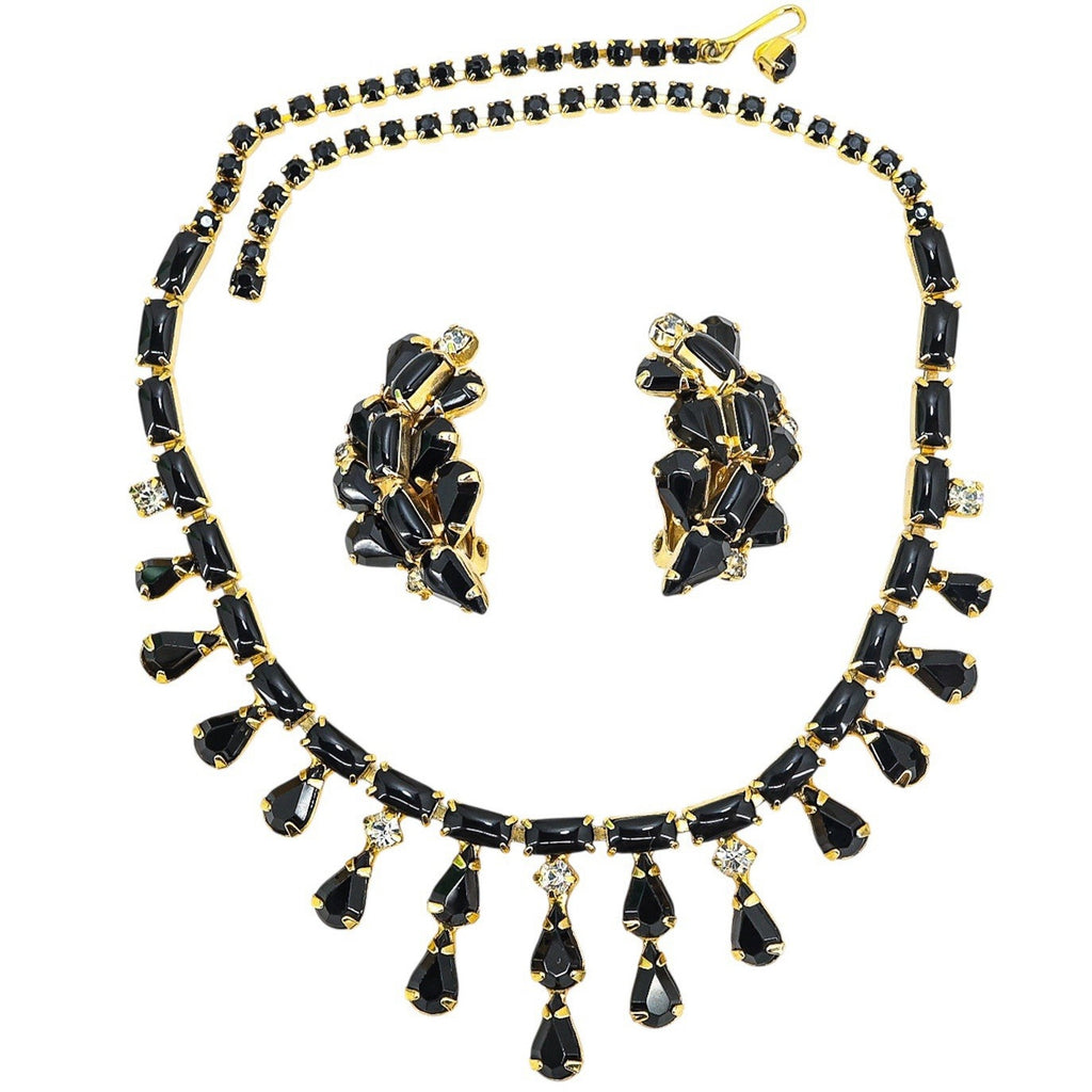 Vintage Mid Century Glam Black Glass Rhinestone Necklace & Clip-On Earrings Set