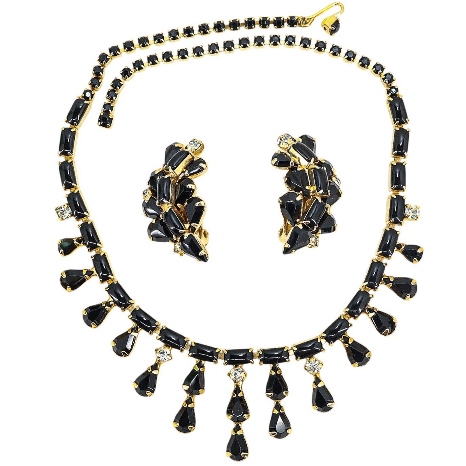 Vintage Mid Century Glam Black Glass Rhinestone Necklace & Clip-On Earrings Set