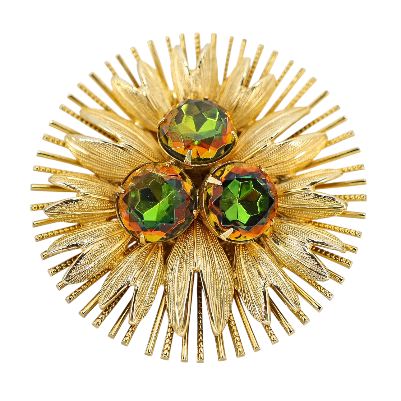 Large Vintage Watermelon Glass Rhinestone Brooch - Starburst Design