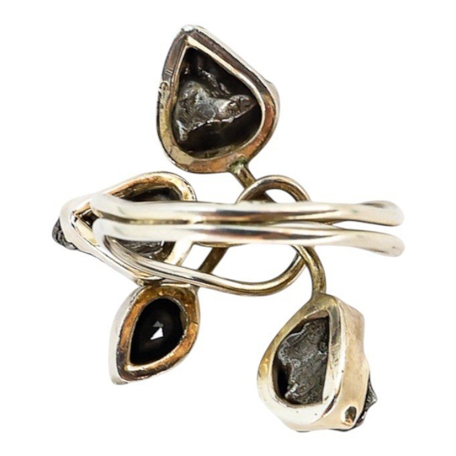 Sterling Artisan Ring Brutalist Organic Modernist Raw Stones Faceted Black Gem