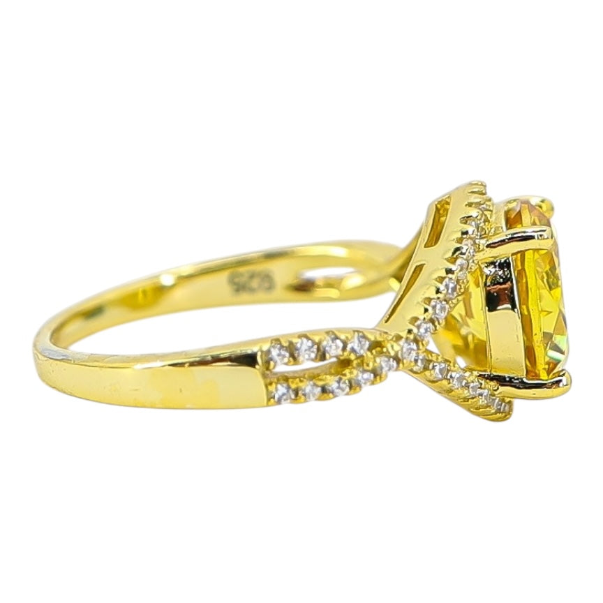Sterling Silver Yellow Cubic Zirconia Statement Ring – Pave Split Shank Design - Size 8