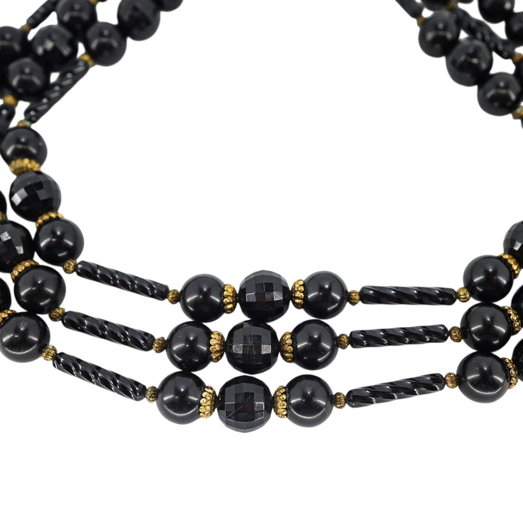 Vintage MCM Cellulose Acetate Ornate Black Beaded 3 Strand Necklace