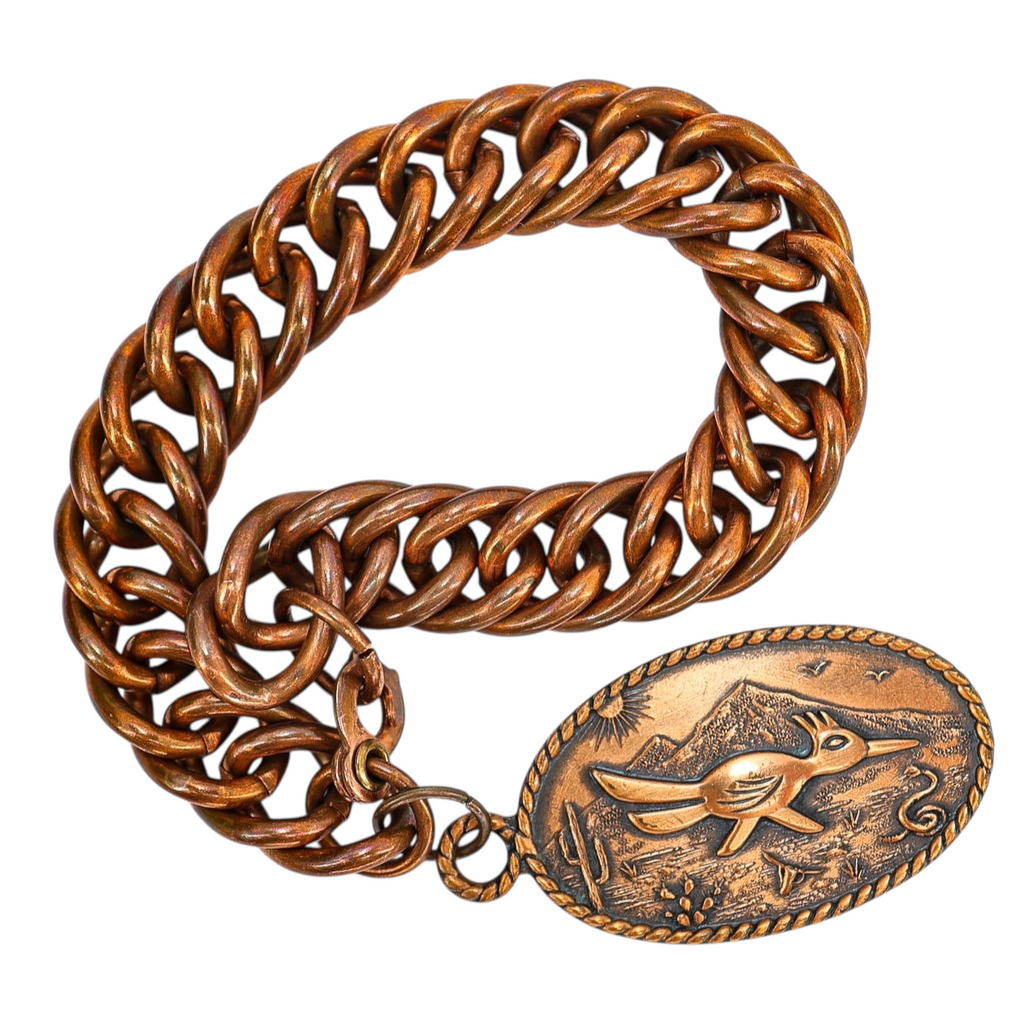 Vintage Solid Copper Curb Chain Bracelet with Bell Trading Post Roadrunner Charm – Southwestern Style