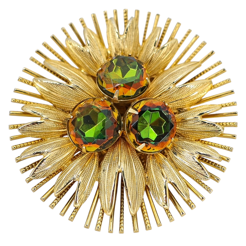 Large Vintage Watermelon Glass Rhinestone Brooch - Starburst Design