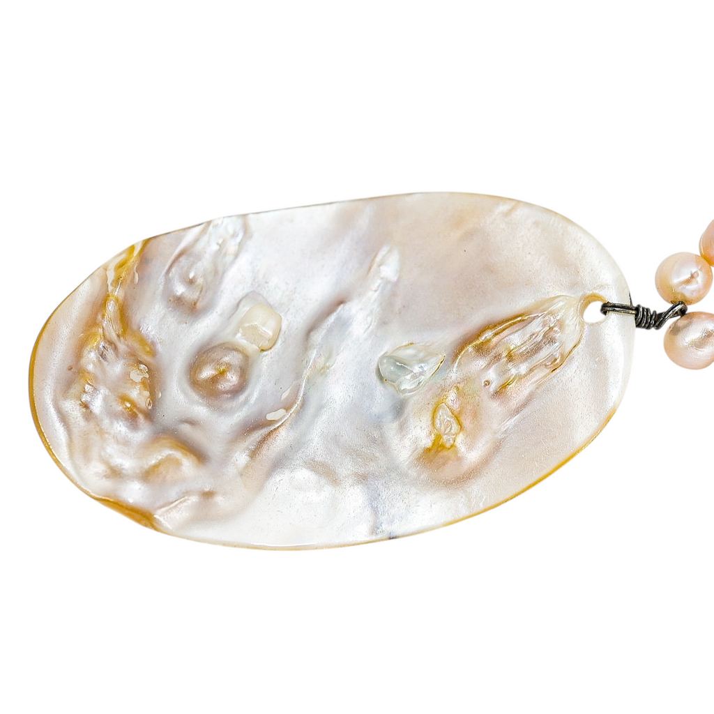 Freshwater Pearl Necklace & Bracelet Set with Large Oval Shell Pendant