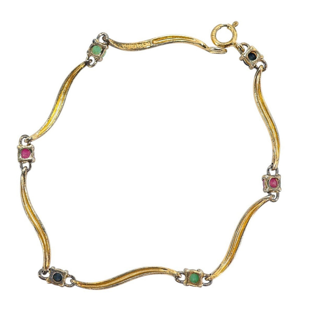 Vintage Vermeil Sterling Silver Bracelet Wavy Link W Simulated Gems 7”