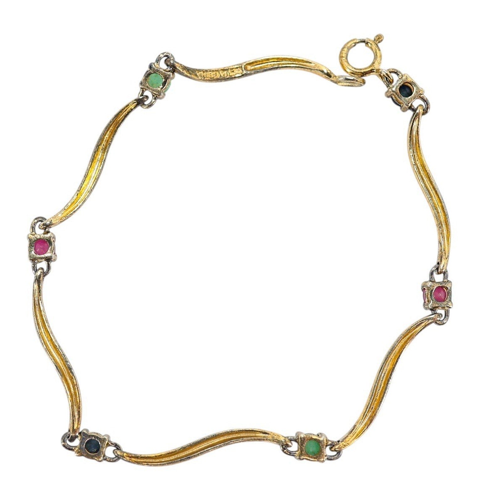 Vintage Vermeil Sterling Silver Bracelet Wavy Link W Simulated Gems 7”