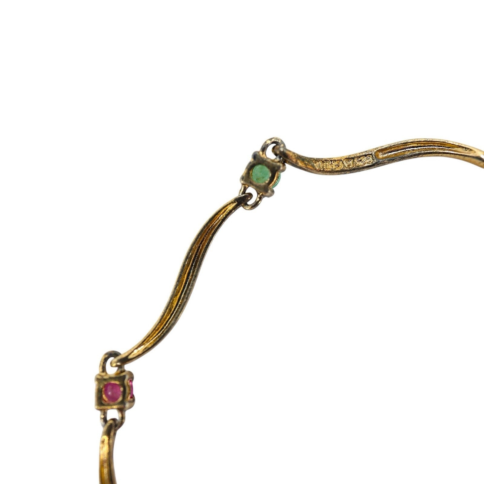 Vintage Vermeil Sterling Silver Bracelet Wavy Link W Simulated Gems 7”