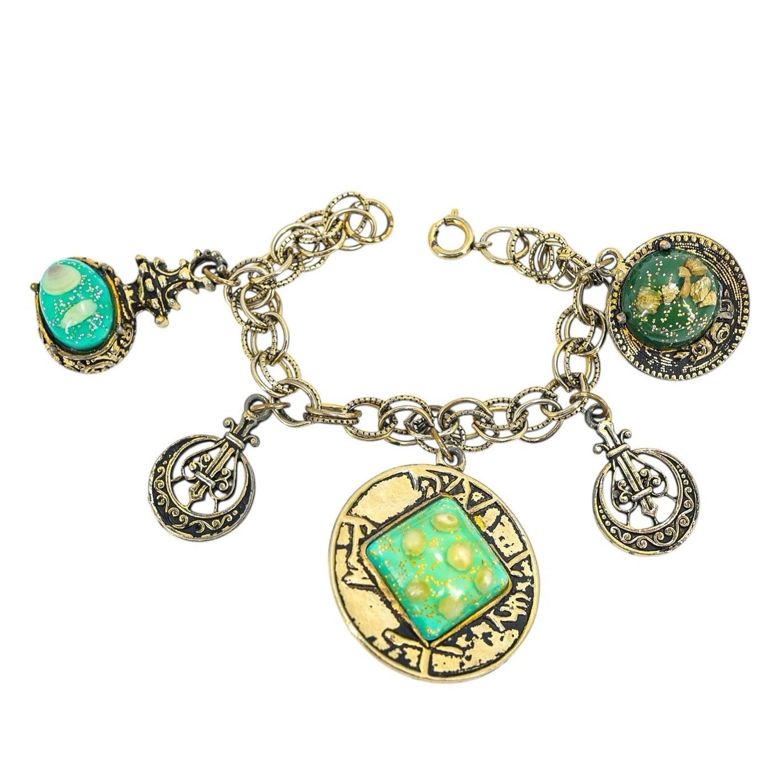 Bold Vintage Charm Bracelet Large Confetti-Style Lucite Resin Green Cabochons
