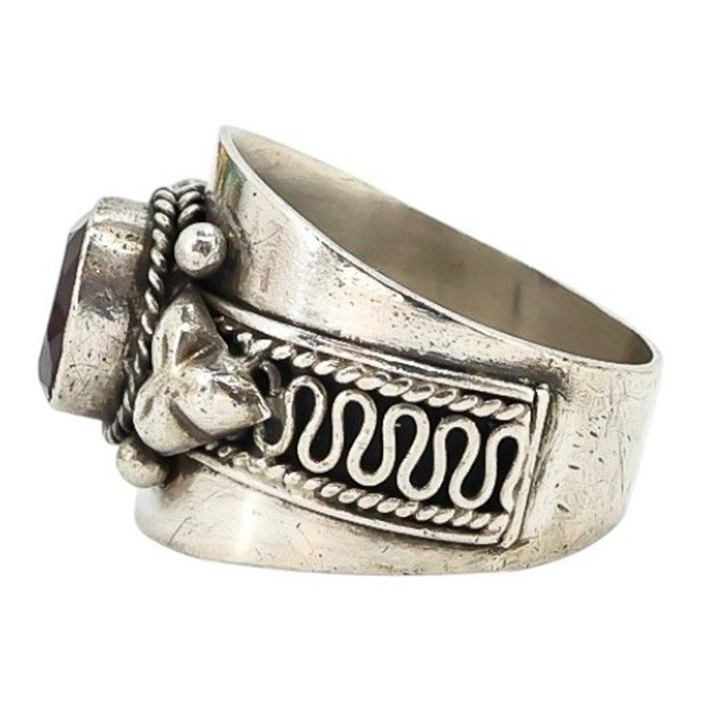 Sterling Silver Wide Band Ring W Bezel Set Amethyst Ornate Scroll Design Size 7