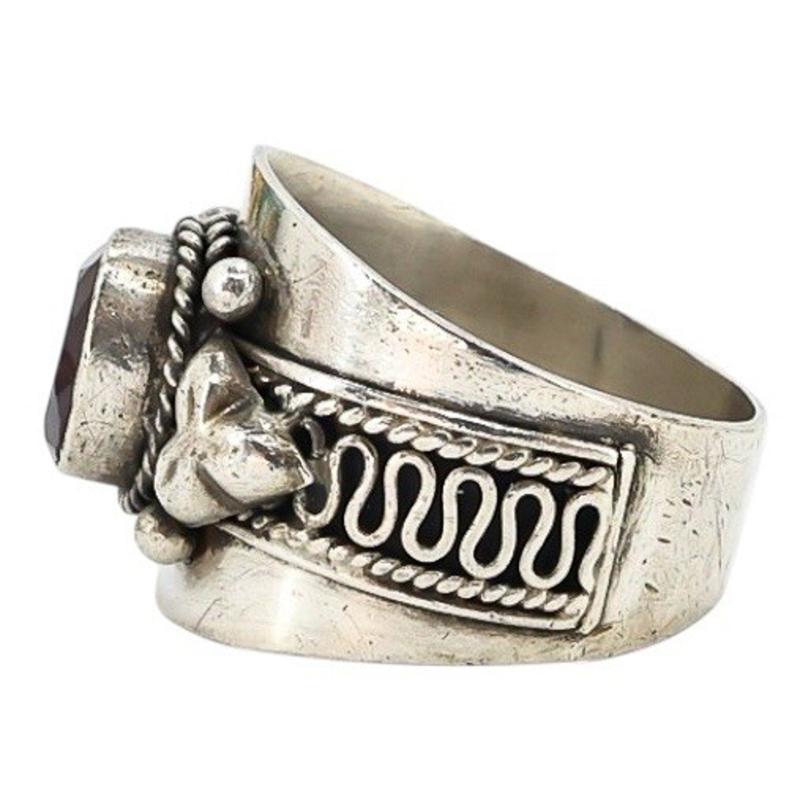 Sterling Silver Wide Band Ring W Bezel Set Amethyst Ornate Scroll Design Size 7