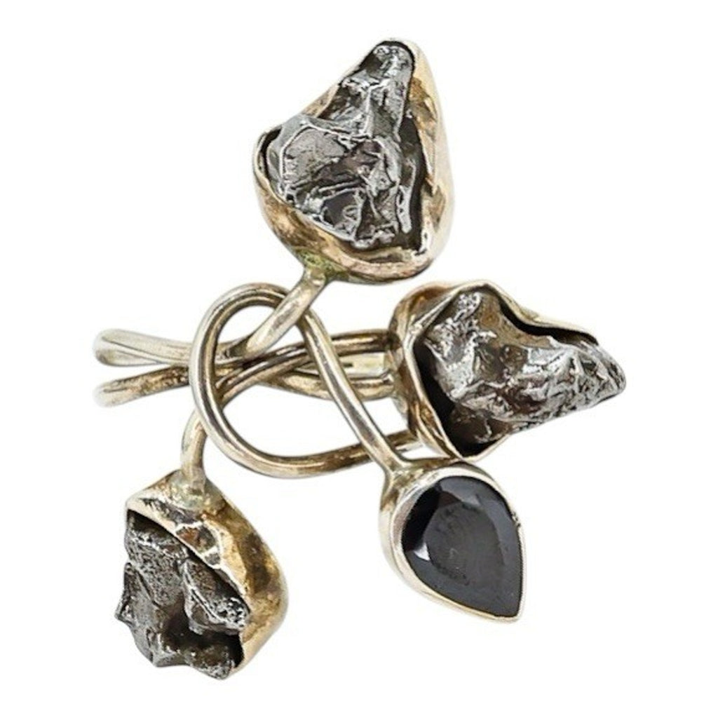 Sterling Artisan Ring Brutalist Organic Modernist Raw Stones Faceted Black Gem