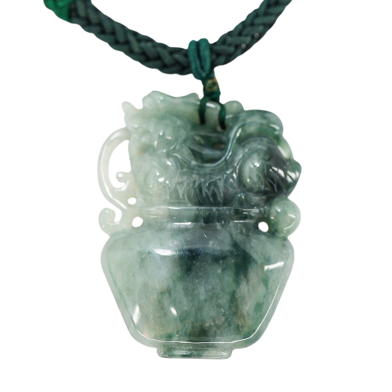 Undyed Jade Jadeite Carved Dragon Vessel Pendant Necklace 1.75 in x 1.3 in 30 G