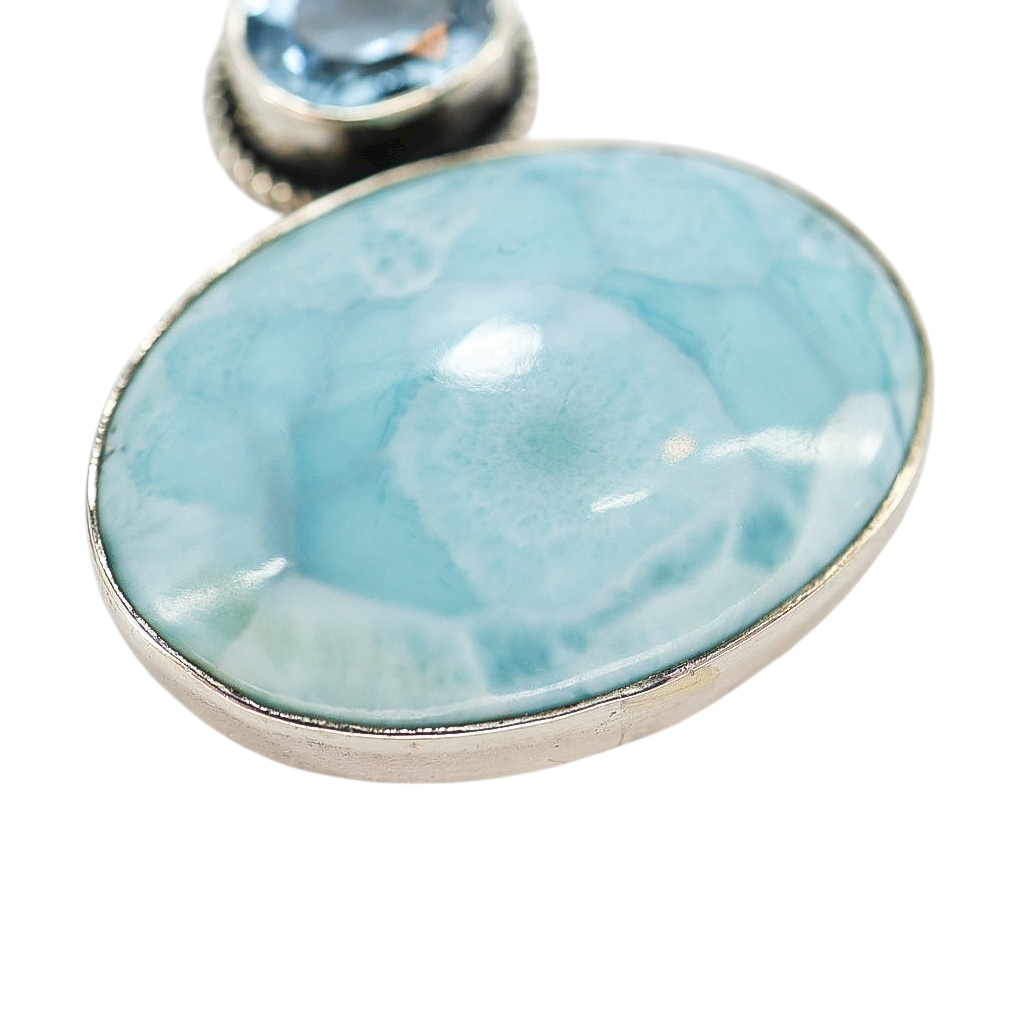 Large Sterling Silver Larimar & Blue Topaz Pendant – 2” x 1.25”