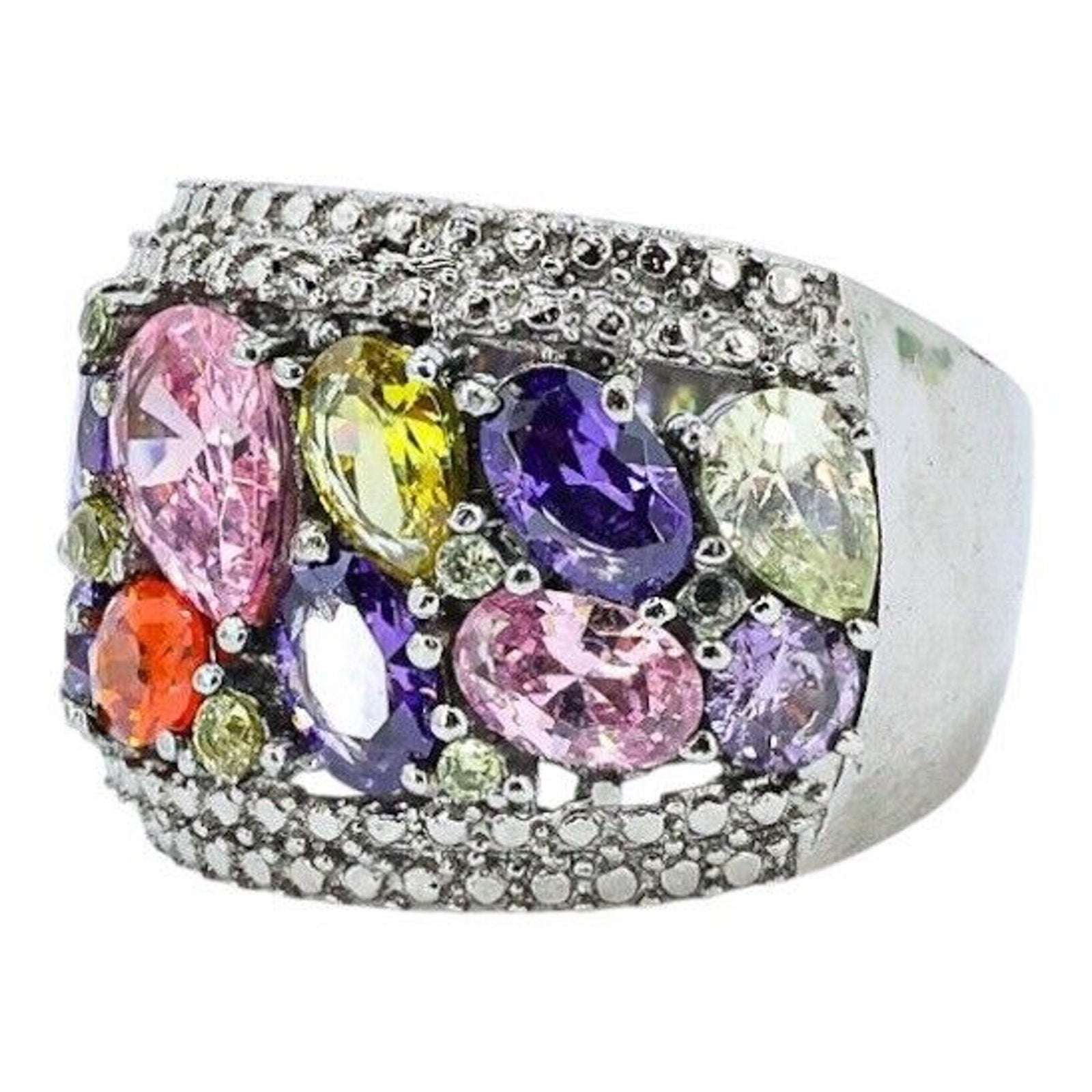 Large Statement Cocktail Ring Stainless Steel Multicolor Clustered Crystals Sz 8