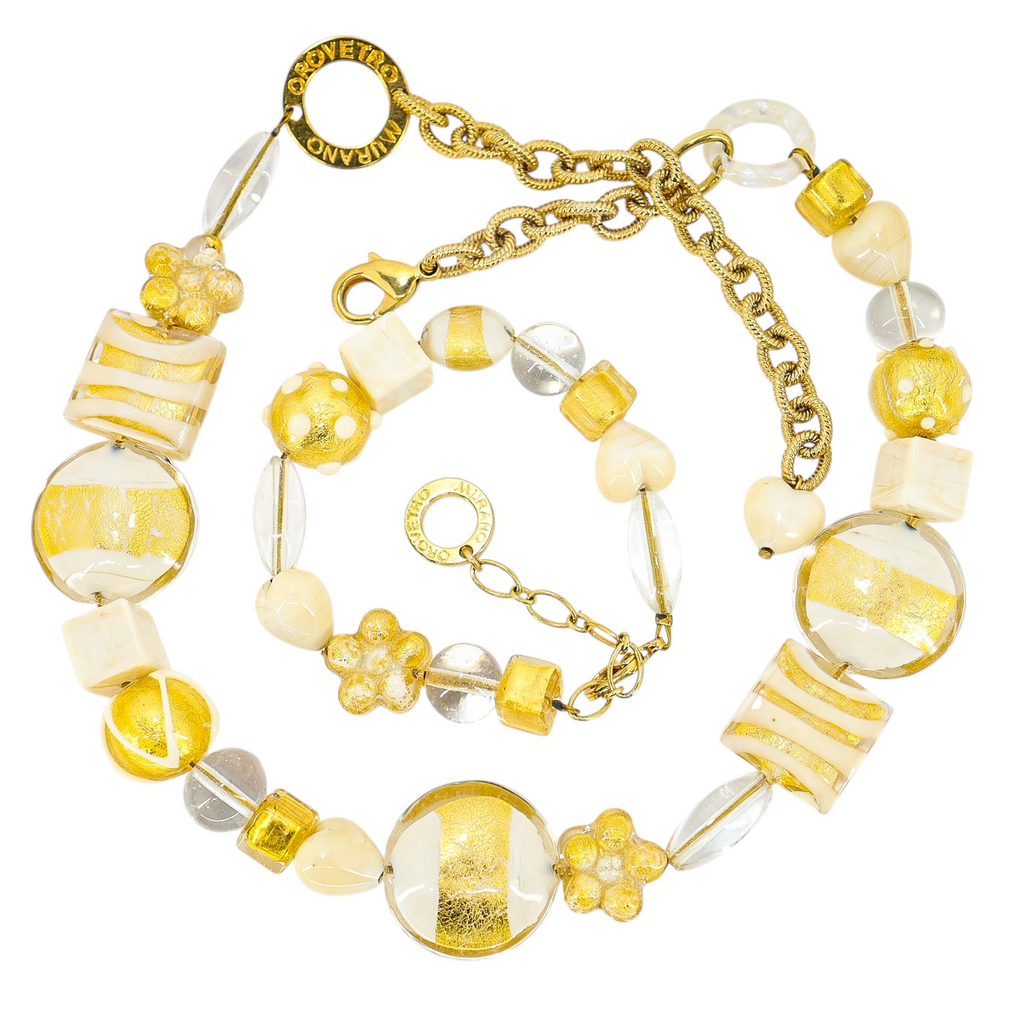 OroVetro - Signed Murano Necklace & Bracelet Set - Cream And Gold Foil Beads
