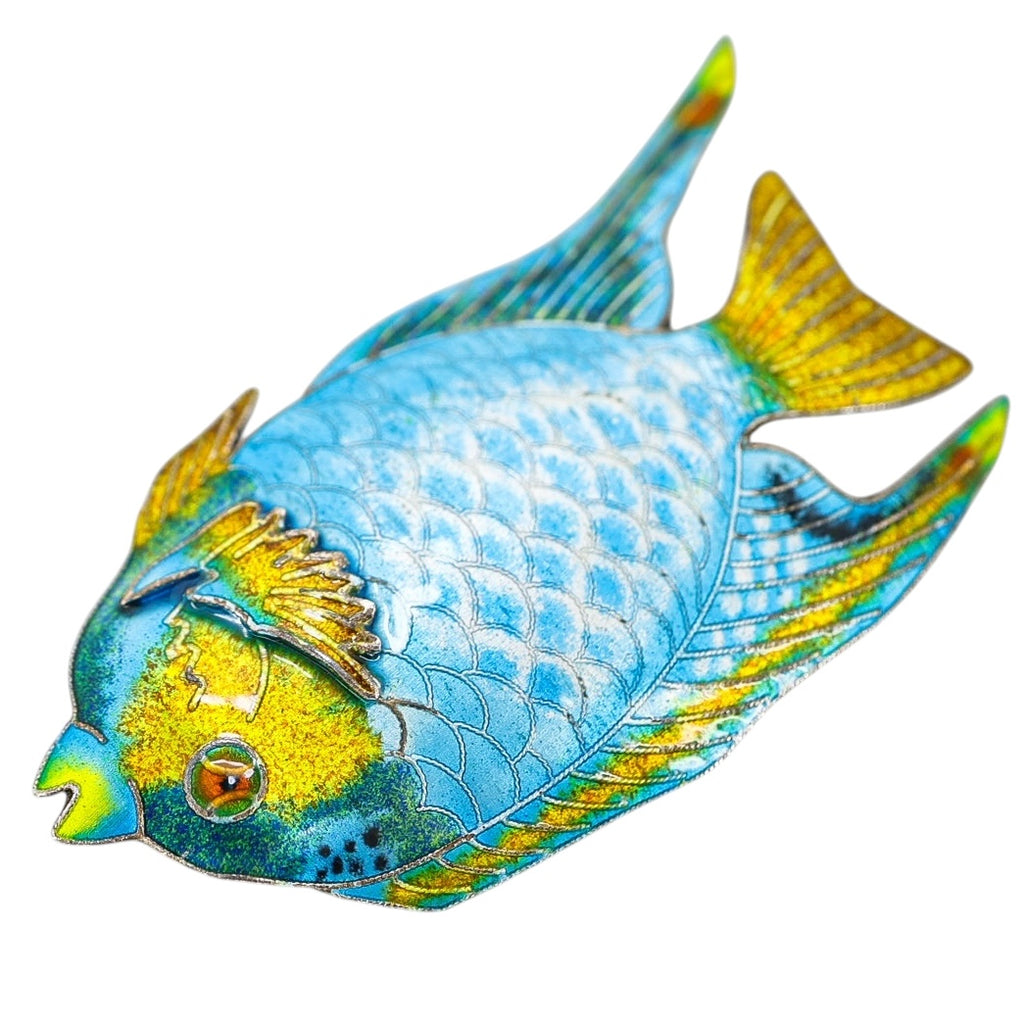 Vintage Blue Enamel Tropical Angel Fish Brooch Silver Plated