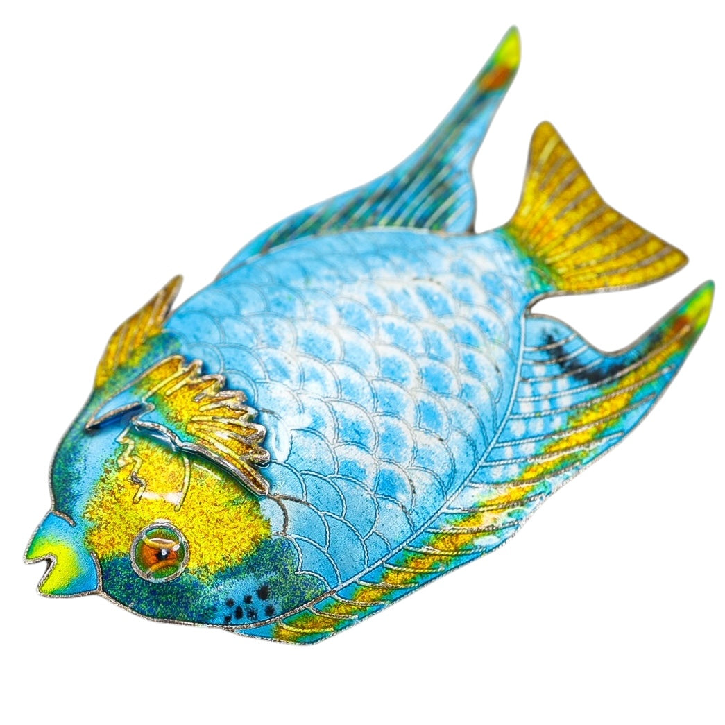 Vintage Blue Enamel Tropical Angel Fish Brooch Silver Plated