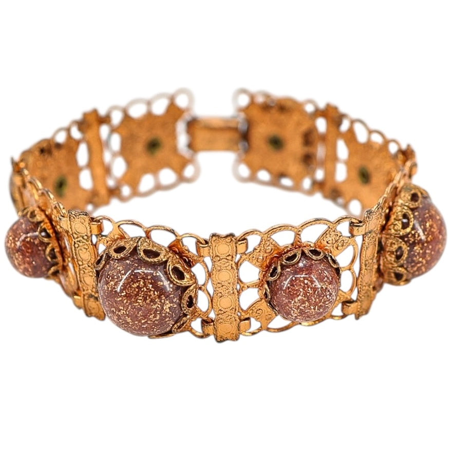 Vintage Copper Filigree Bracelet with Goldstone Art Glass Cabochons