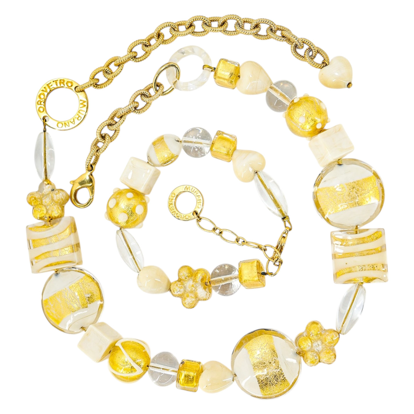 OroVetro - Signed Murano Necklace & Bracelet Set - Cream And Gold Foil Beads