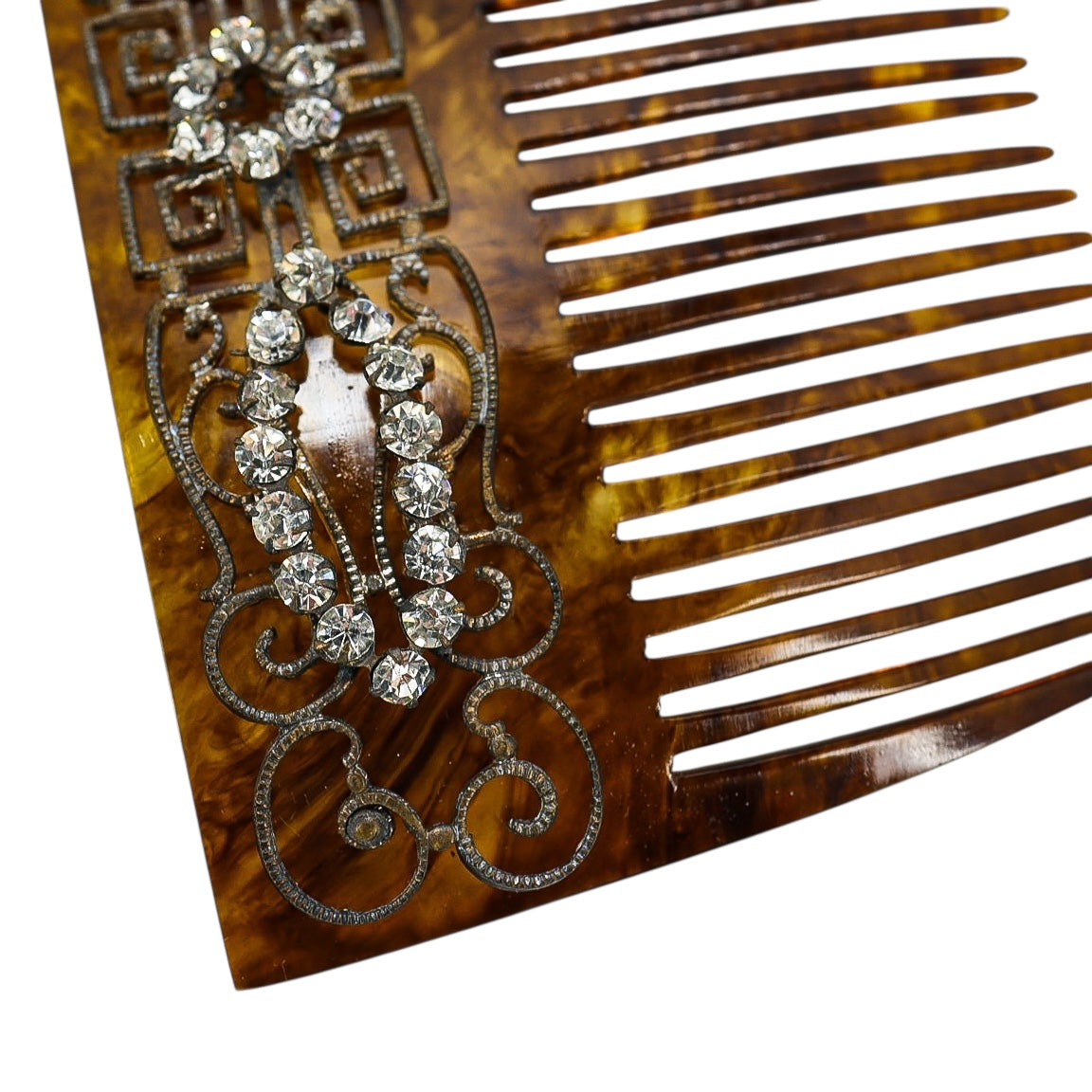 Vintage Art Deco Faux Tortoise Acetate Hair Comb Applied Filigree & Rhinestones